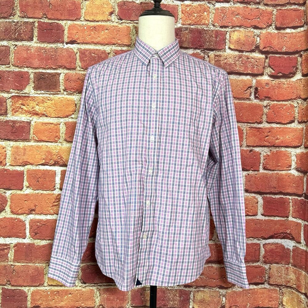 Untuckit Shirt‎ Men's XL Slim Wrinkle Free Gingham Plaid Pink Blue 100% Cotton
